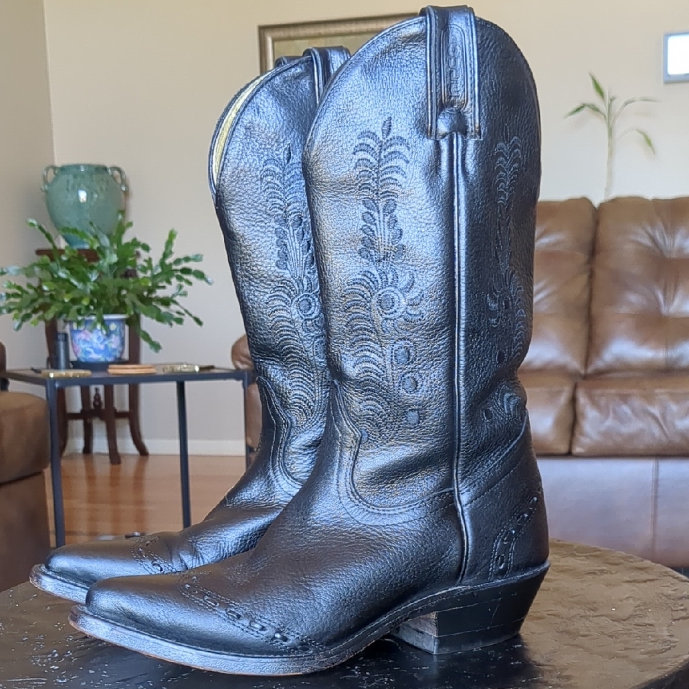 Boulet Black Leather Western Cowboy Boots Snip Toe